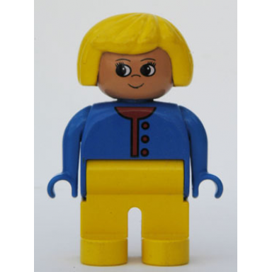 duplo figure female yellow legs blue sweater unbuttoned with red buttons yellow hair