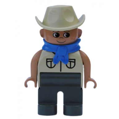 duplo figure male dark gray legs tan top safari with pockets cowboy hat blue bandana