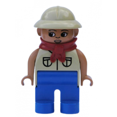 duplo figure female blue legs tan top with 2 pockets tan pith helmet red bandana eyelashes