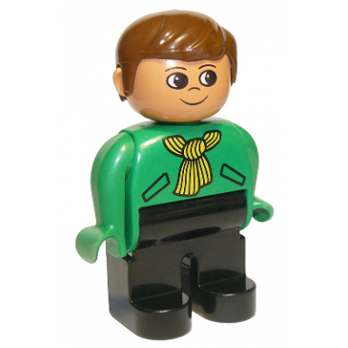 duplo figure male black legs green top with yellow scarf brown hair