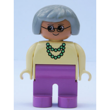duplo figure female dark pink legs yellow blouse with green necklace gray hair