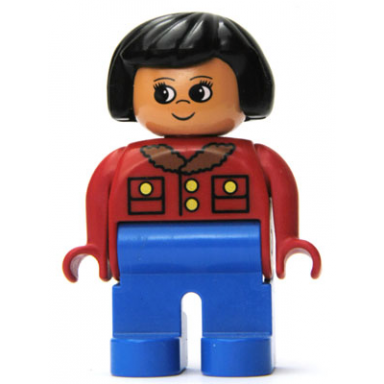 duplo figure female blue legs red jacket with gold buttons black hair