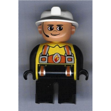 duplo figure male fireman black legs yellow top with flame and orange suspenders white fire helmet headset