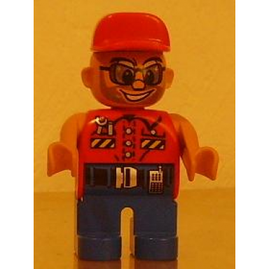 duplo figure male action wheeler blue legs red top with wrench red cap sunglasses beard
