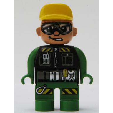 duplo figure male action wheeler green legs green top yellow hat glasses construction worker driver