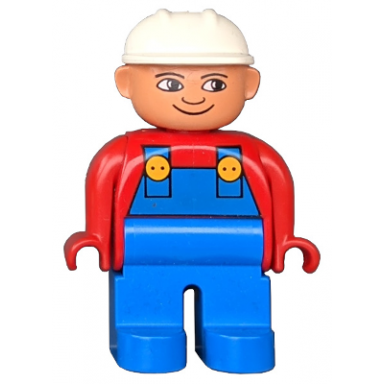 duplo figure male blue legs red top with blue overalls construction hat white turned down nose
