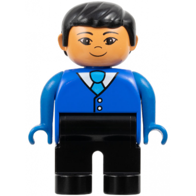duplo figure - male adult man black legs blue top with buttons and tie pattern black hair nougat head 75497