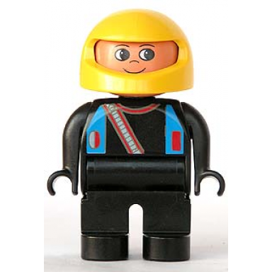 duplo figure male black legs black top with blue straps and racer diagonal zipper yellow racing helmet