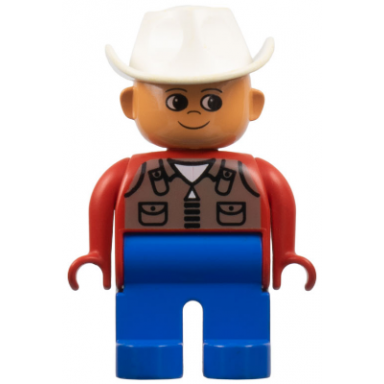 duplo figure male blue legs red top with dark tan zipper vest white cowboy hat