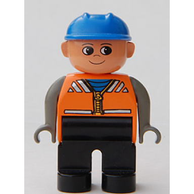 duplo figure male black legs orange vest dark gray arms construction hat blue
