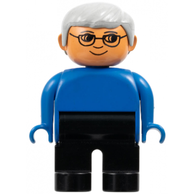 duplo figure male black legs blue top gray hair glasses