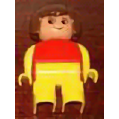duplo figure female yellow legs red top with yellow arms brown hair