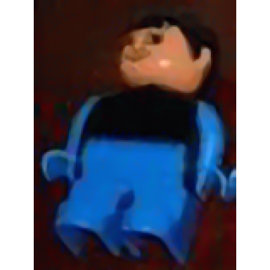 duplo figure male blue legs black top with blue arms black hair