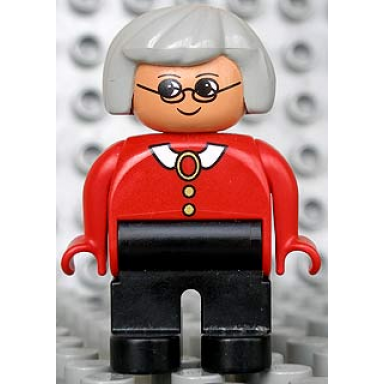 duplo figure female black legs red blouse with white collar gray hair glasses