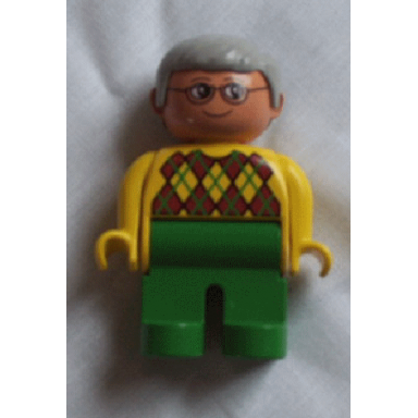 duplo figure male green legs yellow argyle sweater gray hair glasses