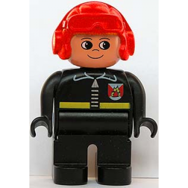duplo figure male fireman black legs black top with fire logo and zipper red aviator helmet
