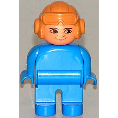 duplo figure male blue legs blue top aviator helmet fabuland orange no white in eyes pattern