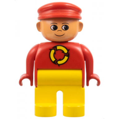 duplo figure male yellow legs red top with recycle logo red cap turned up nose