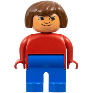 duplo figure female blue legs red top brown hair no eyelashes plain smile