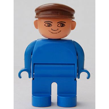 duplo figure male blue legs blue top brown cap no white in eyes pattern