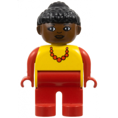 duplo figure female red legs yellow top with red necklace black curly hair in bun brown head