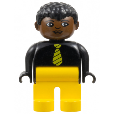 duplo figure male yellow legs black top and yellow striped tie black curly hair brown head