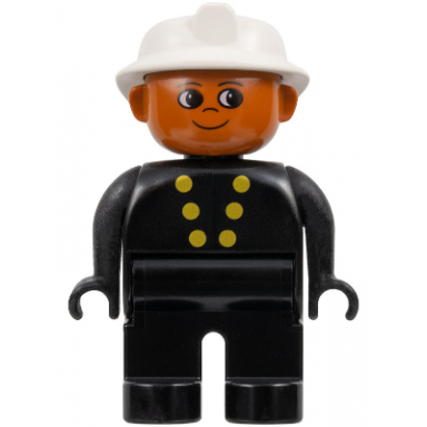duplo figure firefighter - male adult man black legs black top with buttons pattern white fire helmet dark orange head 75509