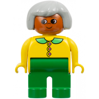 duplo figure - female adult woman green legs yellow top with collar and buttons pattern light gray hair dark orange head 75512