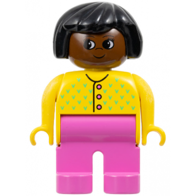 duplo figure - female adult woman dark pink legs yellow top with buttons and v stitching pattern black hair brown head 75504