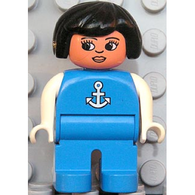 duplo figure female blue legs blue top with white anchor black hair
