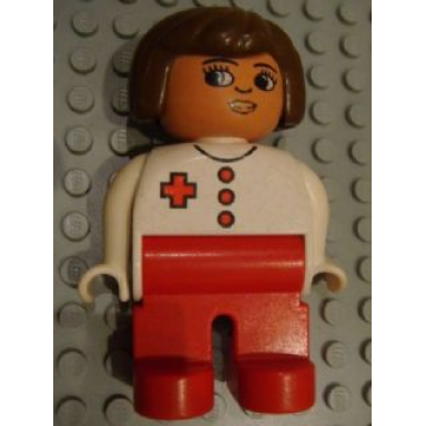 duplo figure female medic red legs white top brown hair red cross