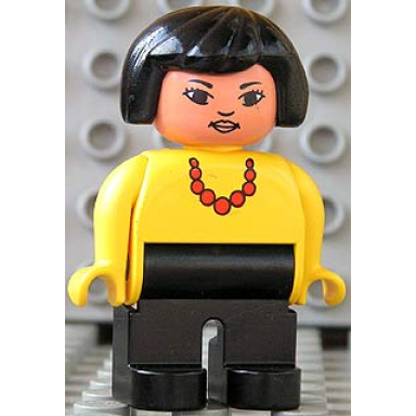 duplo figure female black legs yellow blouse with red beaded necklace black hair lips