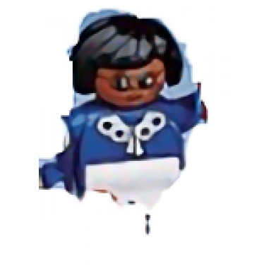 duplo figure female white legs blue top with white buttons black hair