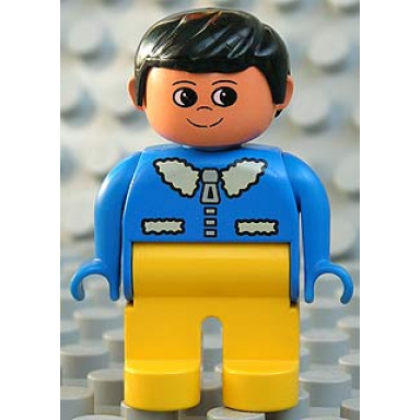 duplo figure male yellow legs blue top with white collar black hair