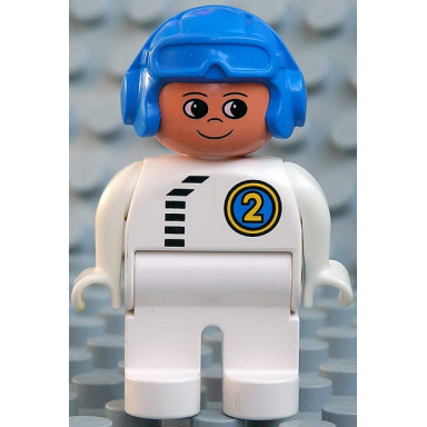 duplo figure male white legs white top with black zipper and racer 2 blue aviator helmet