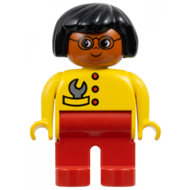 duplo figure - female adult woman red legs yellow top with buttons and wrench in pocket pattern black hair dark orange head 75510