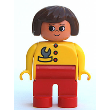 duplo figure female red legs yellow top with red buttons wrench in pocket brown hair turned up nose