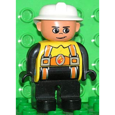 duplo figure male fireman black legs yellow top with flame and orange suspenders white fire helmet no moustache