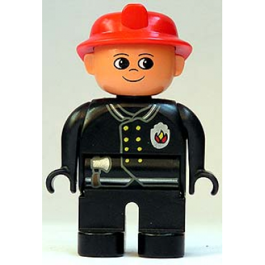 duplo figure male fireman black legs black top with flame logo red fire helmet no moustache