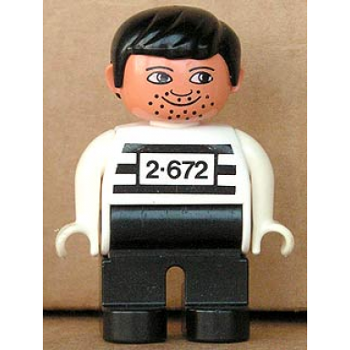 duplo figure male black legs white top with 2-672 number on chest black hair white hands stubble moustache stubble jailbreak joe