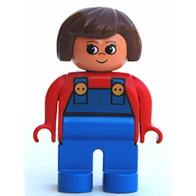 duplo figure female blue legs red top with blue overalls brown hair turned up nose