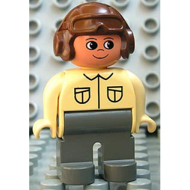 duplo figure male dark gray legs tan top brown aviator helmet