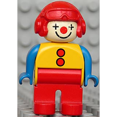 duplo figure male clown red legs yellow top with 2 buttons blue arms red aviator helmet