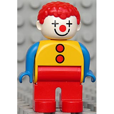 duplo figure male clown red legs yellow top with 2 buttons blue arms red hair curly