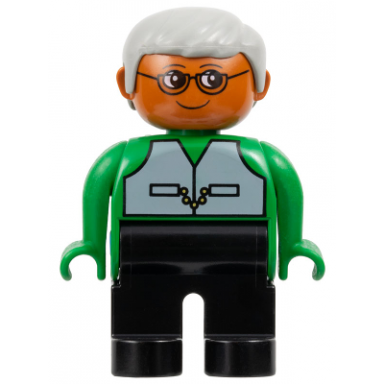 duplo figure - male adult man black legs green top with vest pattern gray hair dark orange head 75511