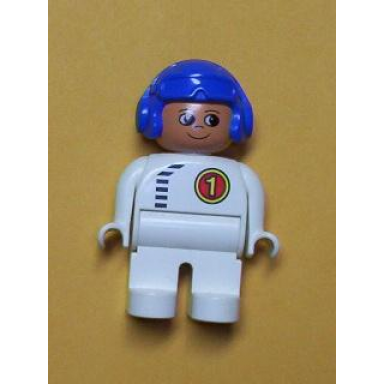 duplo figure male white legs white top with black zipper and racer 1 blue aviator helmet