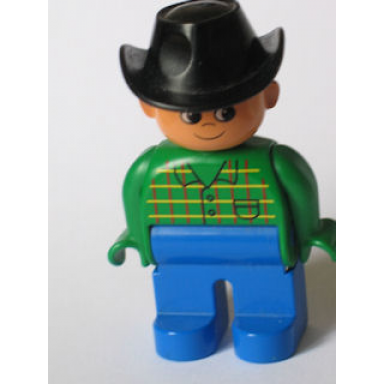 duplo figure male blue legs green top with pocket black cowboy hat