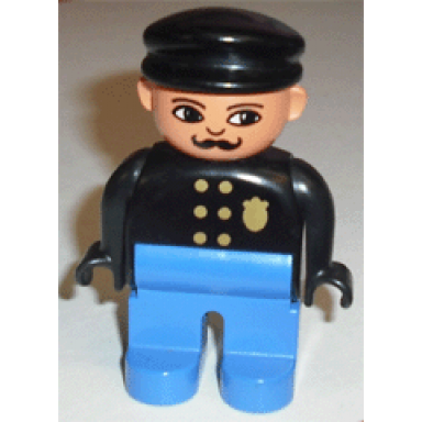 duplo figure male police blue legs black top with gold badge black hat turned down nose and elliptical eyes