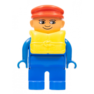 duplo figure male blue legs blue top life jacket red cap with white in eyes pattern