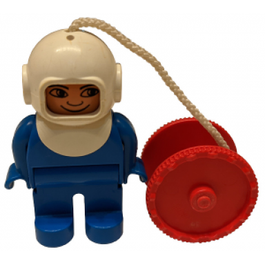 duplo figure male blue legs blue top white helmet string and red reel